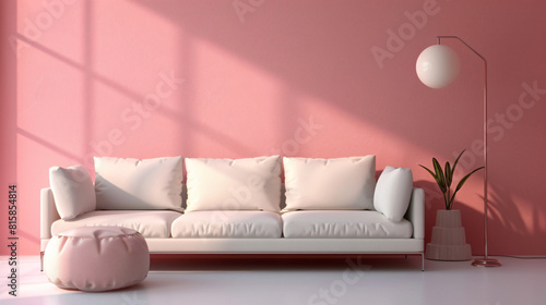 Comfortable sofa with pouf and stylish lamp near pink wall