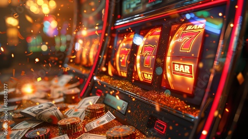 An exciting 3D render of a slot machine landing on a rare jackpot combination, surrounded by dollar bills and confetti