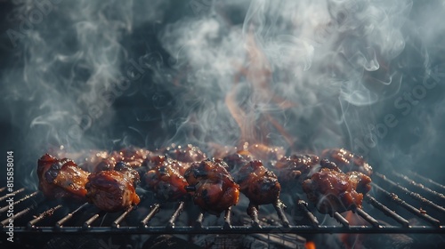 Barbecue grill adorned with juicy drumsticks, tendrils of smoke weaving through the air