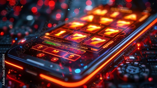 A sleek 3D render of a mobile phone displaying an online casino app, with a slot machine interface glowing in bright neon