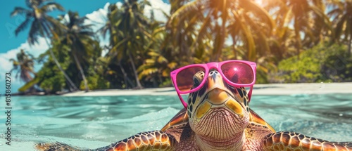 Funny animal summer holiday vacation travel photography banner - Turtle with sunglasses relaxing chilling at the beach, ocean sea and tropical palm trees in the background