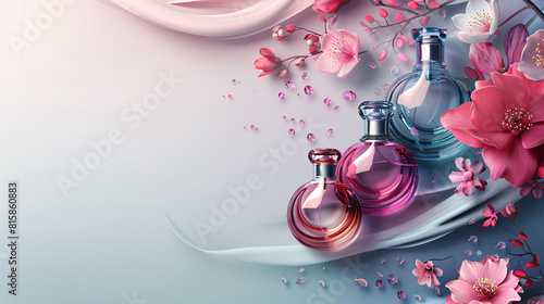 Perfume Bottle with Pink Leaves on a Blue Background