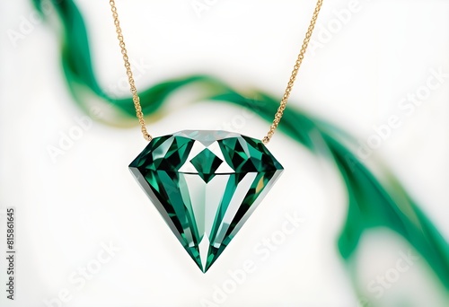 Zielony szlachetny diament na złotym łańcuszku z wizualizacją w tle
