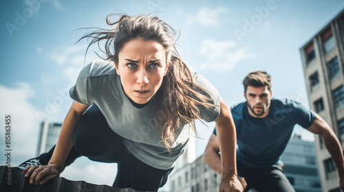 A young man and woman are energetically performing push-ups on a rooftop, showcasing their athleticism and strength against an urban backdrop