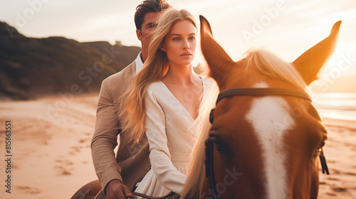A man and woman joyously ride a horse along the beach, their figures silhouetted against the setting sun as the majestic animal kicks up sand