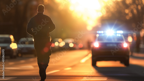 A man is sprinting down the street in front of a police car, desperately trying to evade capture by a determined officer