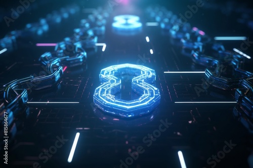 digital chain link hologram on future tech background. productivity evolution. futuristic chain icon in world of technological progress and innovation. cgi 3d render