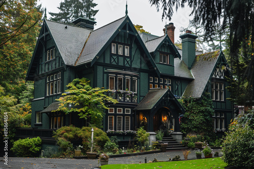 Classic dark green mansion exterior, Tudor style with steep gables.