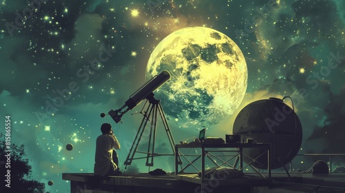 Man Observing the Night Sky With Telescope