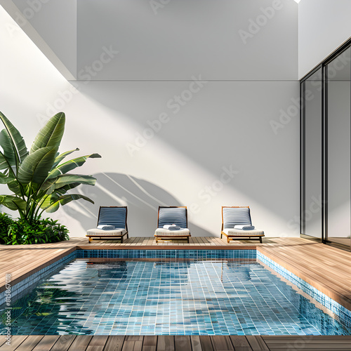 Modern style swimming pool terrace with blank wall for copy space, lawn chairs and wooden floor, blue tile in the swimming pool and empty white wall, surrounded by nature, aesthetic images. 3d render.