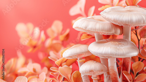 Photo of a group of white mushrooms with pink gills