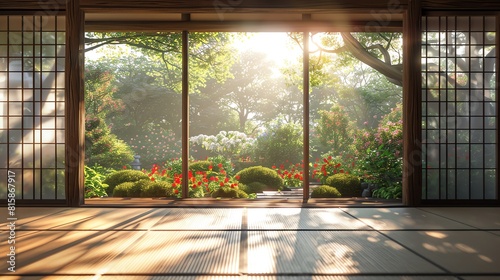 Traditional Japanese garden viewed from an open tatami room, morning light, wideangle lens, high detail realism