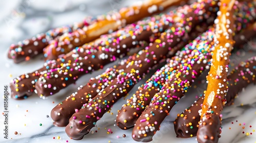 Crisp pretzel sticks delicately dipped in decadent chocolate and adorned with festive sprinkles