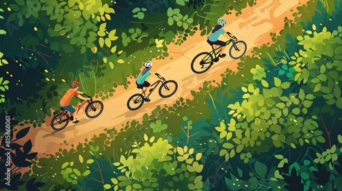 Three people are riding bikes on a path through a forest
