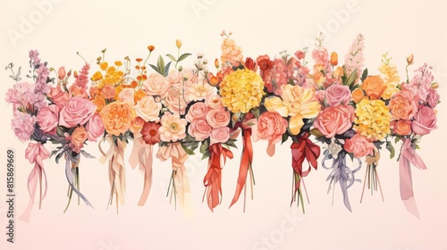 A detailed shot of the brides and bridesmaids bouquets, showcasing a variety of flowers and colors against their dresses