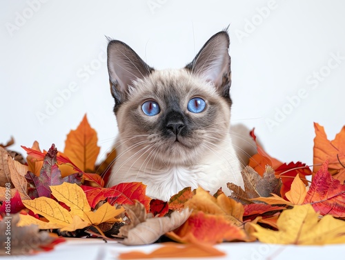 Siamese with autumn leaves in fur, seasonal contrast, white background