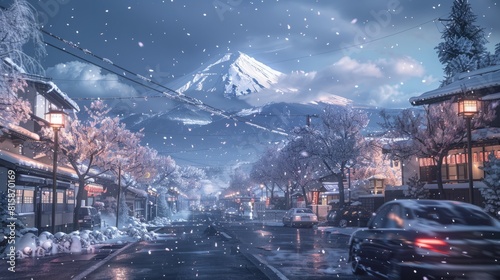 winter, rural city of japan, night time with sakura and mountain in the back