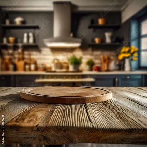 table in a restaurant.a wooden table background with free space for your decoration. Focus on a blurred kitchen background and a dark mood interior to showcase kitchen furniture.