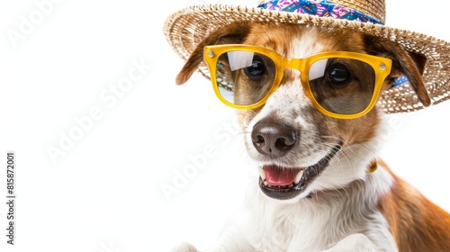 Feature a cat in festive summer attire with a hat and sunglasses, close-up, dynamic, Multilayer, isolated on a white background, perfect for a humorous holiday greeting