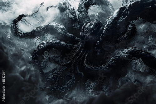 Malevolent Cthonic Deity Draped in Shadowy Tendrils and Exuding Ominous Eldritch Energies in the Abyssal Netherworld