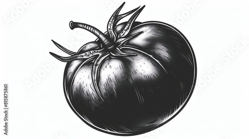A black and white sketch of a tomato. The tomato is round and has a stem with leaves at the top. It is drawn in a realistic style and is shaded to show the roundness of the tomato.