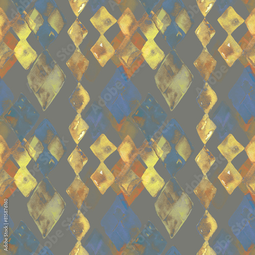 A seamless pattern with watercolor abstract diamonds in gold and blue. Rhombus forms blending into gray background. Design for textile, packaging, covers, surfaces, fabric. Geometry theme