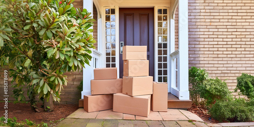 Packages outside front door. Pile of boxes delivered by courier after online shopping spree.