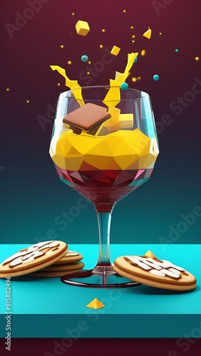 3d illustration of a glass of wine with chocolate and cookies.
