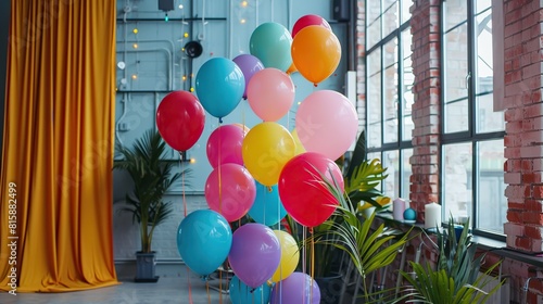 A lot of brightly colored balloons formed into a partial balloon arch. There are flowers sitting on the floor in front of the balloons and a blue chair sits to the right of the balloons.