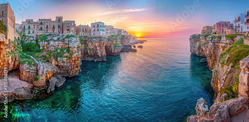 The old town in Bari, Italy with the sea and cliffs. Polignano streamer view of Polignano. The city is surrounded by buildings overlooking cliffside