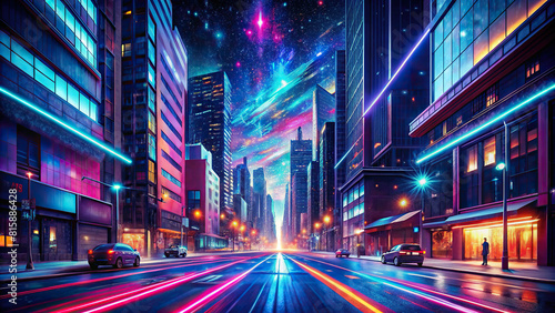 A city street illuminated by vibrant neon lights against a starry night sky, with abstract digital elements adding a touch of modernity.