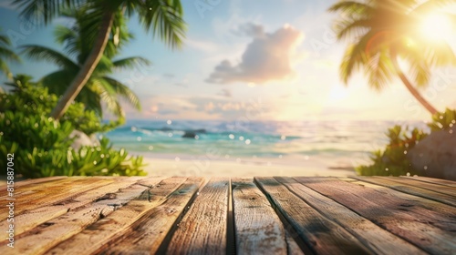 empty wooden table top with view tropical beach of spring summer time blurred background template for product presentation display 3d rendering, high resolution, bright light