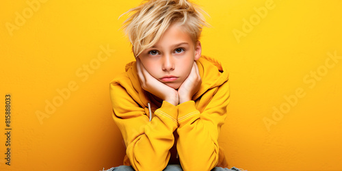 Sad offended child sitting on a yellow background, close-up portrait of a boy, indoors, copy space