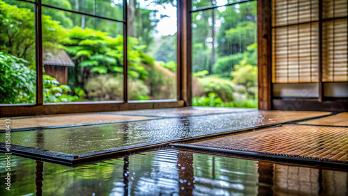 A close-up of rain-soaked tatami mats inside a Japanese house, reflecting the enduring spirit of Japanese culture amidst nature's elements.