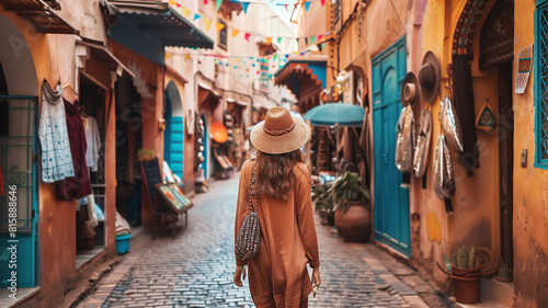 A woman exploring the narrow alleys and vibrant markets of an exotic Moroccan city, real photo, stock photography