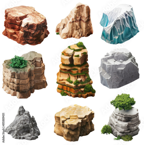 3d render of a set of nine different rocks and cliffs