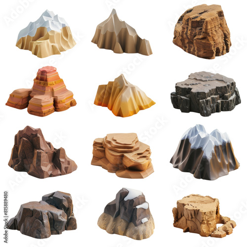 3D rendering of a set of different rocks and stones in isolated on transparent background