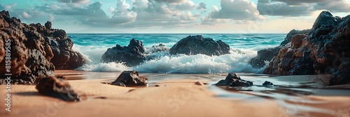 Lava rock, sand, and waves at the beach on Oahu, Hawaii realistic nature and landscape