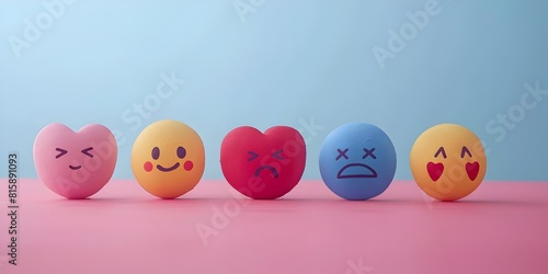 Emotive Symbols and Expressions of Human Emotions Depicted in Minimalist 3D Shapes and Vibrant Colors on Pink and Blue Background with Copy Space