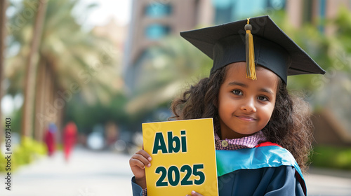 Bildungschancen junger Menschen Kind mit Schild in der Hand Bildung symbolisch auf Schild mit Abi oder ohne Abi erfolg haben Zukunft aktiv selbst gestalten Generative AI