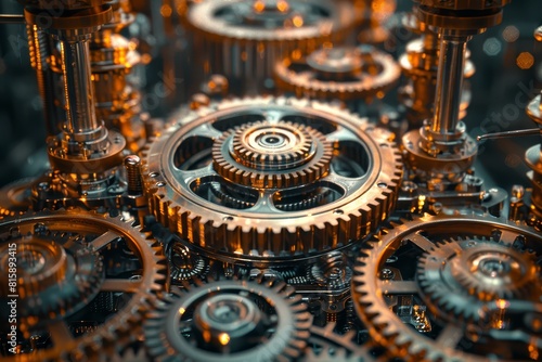 A closeup of intricate gears and cogs in an industrial setting, symbolizing the mechanical precision that litography brings to artistry. 