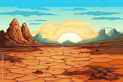 drought conditions flat design front view arid land theme cartoon drawing Splitcomplementary color scheme