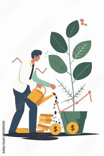 Confident Investor Waters Potted Plant with Earnings Arrows Using Watering Can to Grow Startup Revenue