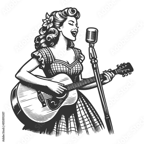 pin-up girl joyfully singing and playing an acoustic guitar, with microphone sketch engraving generative ai fictional character vector illustration. Scratch board imitation. Black and white image.