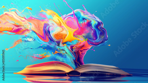 Abstract 3D illustration of colorful objects floating on a fantasy book. Brainstorm and inspire ideas Abstract background with colorful gradients