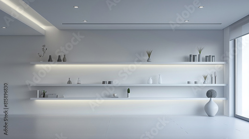 Modern minimalist living room with sleek white shelves, minimal decor items, and indirect ceiling lighting.
