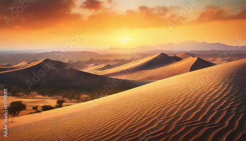 Beautiful sunset over the desert, golden sand dune desert landscape panorama, nature