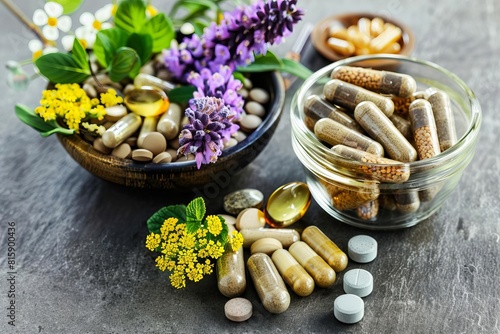 Herbal medicine and natural supplements on a table