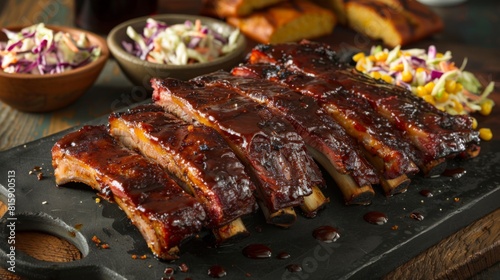 A platter of fall-off-the-bone pork ribs served with coleslaw and cornbread, a classic Southern barbecue feast.