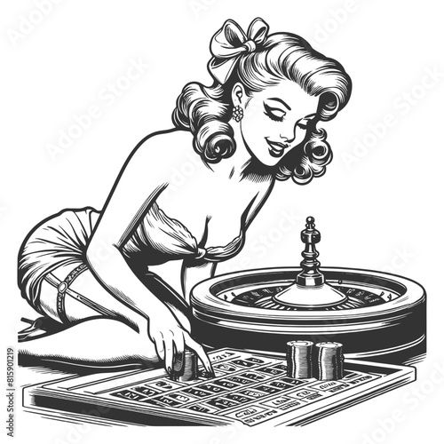pin-up girl engaging in a roulette game, evoking a nostalgic casino vibe sketch engraving generative ai fictional character vector illustration. Scratch board imitation. Black and white image.